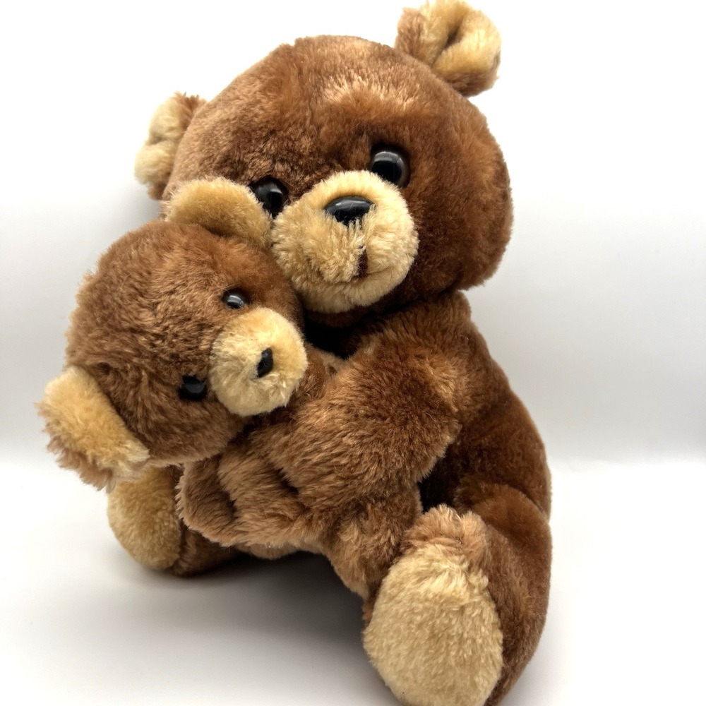 Vintage Plush Bear Hugging Mamma & Baby Teddy Approx 9" Stuffed Animal Brown - Picture 2 of 16
